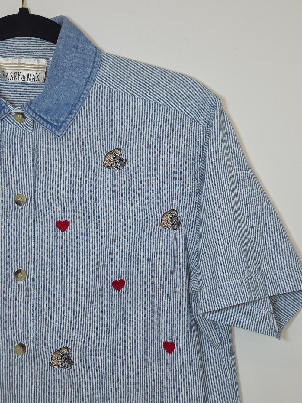 Vintage Casey & Max Shirt Womens Medium Blue Heart Cats Embroidered Kittens 90s
